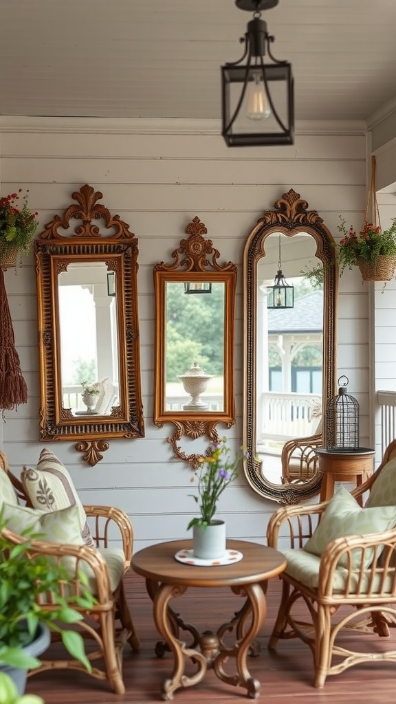 A cozy back porch featuring vintage mirrors and Boho decor.