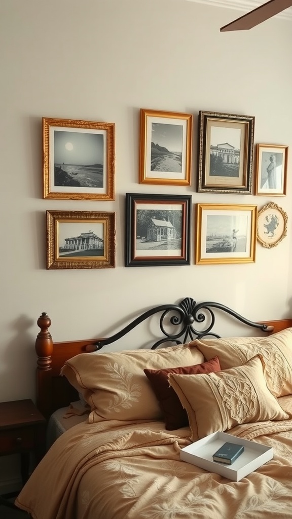 A cozy bedroom featuring vintage photographs framed on the wall above a neatly made bed with decorative pillows.