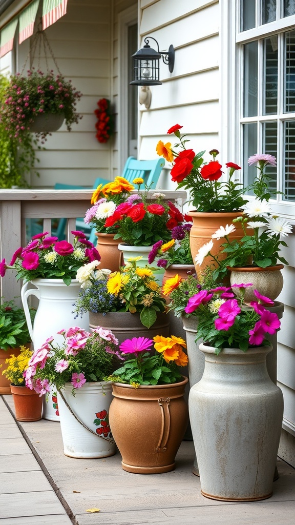 A collection of vintage planters with colorful flowers on a farmhouse patio