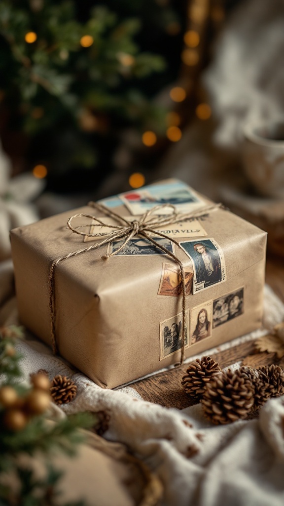 A beautifully wrapped gift in brown paper with vintage postcards and twine.