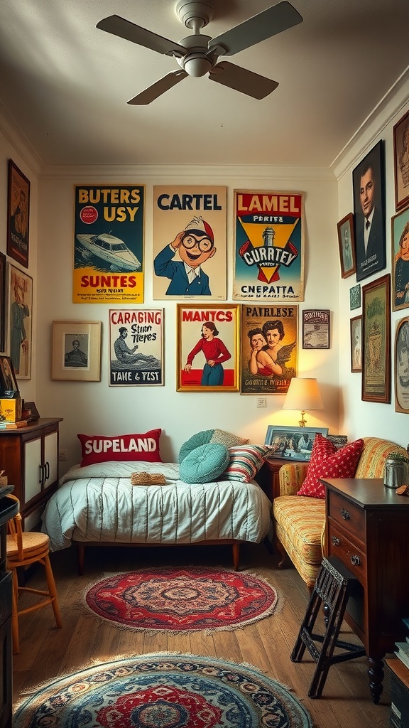 A cozy bedroom with vintage posters on the wall, featuring a bed, decorative cushions, and a wooden dresser.