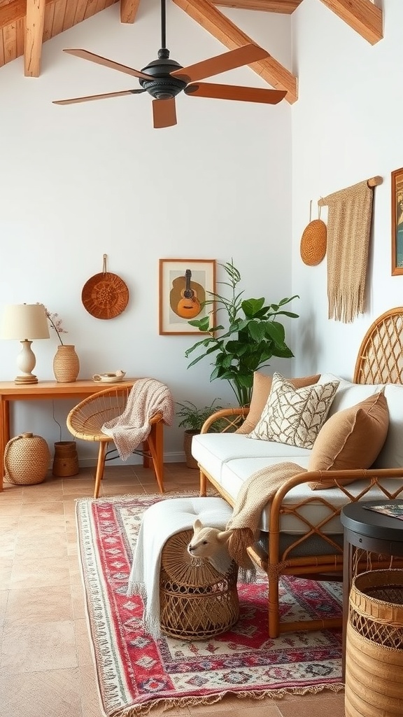 Cozy boho mid-century modern bedroom featuring vintage rattan furniture, a colorful rug, and plants.