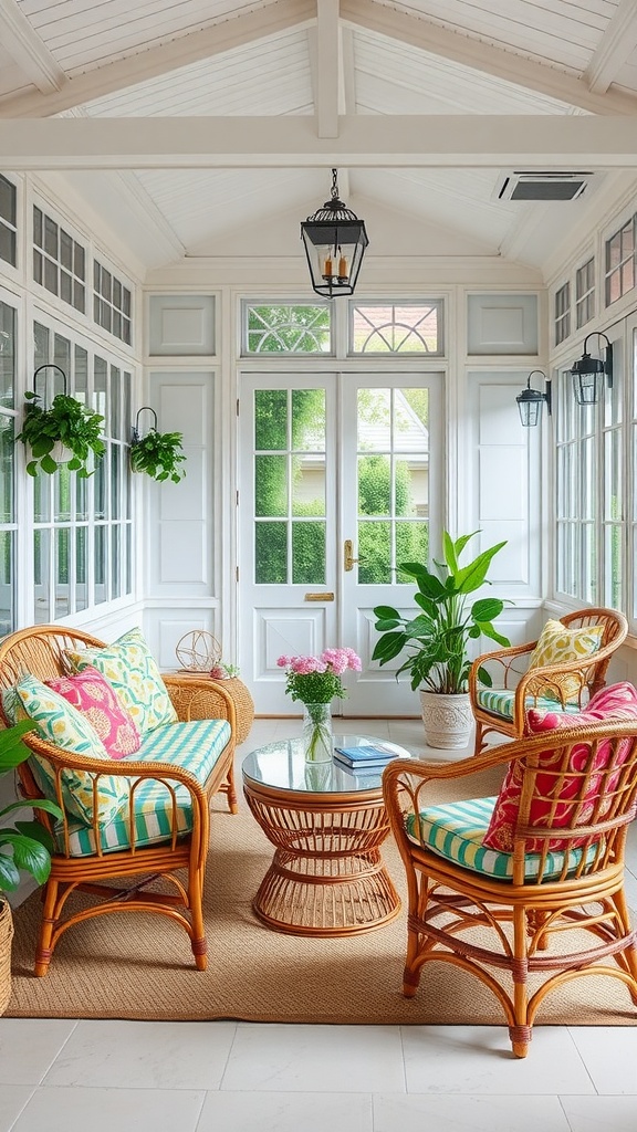 A cozy sunroom featuring vintage rattan furniture, colorful cushions, and plants, creating a boho style oasis.