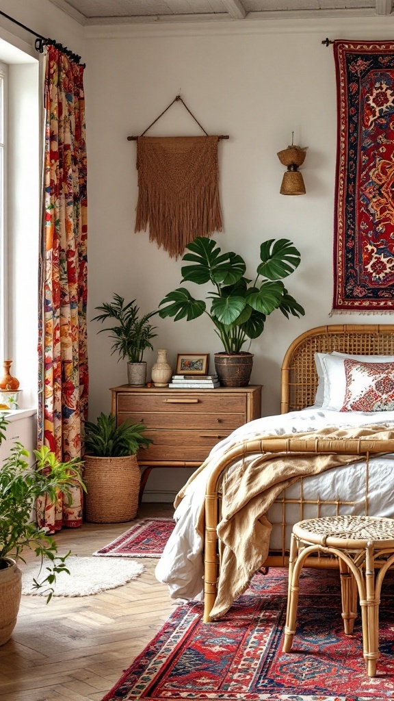 Cozy boho mid-century modern bedroom featuring vintage rattan furniture, a colorful rug, and plants.