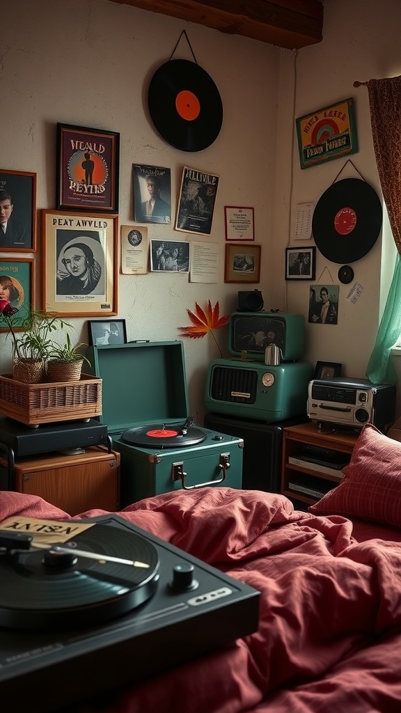 Cozy vintage records corner with a record player, vinyls, and music posters.