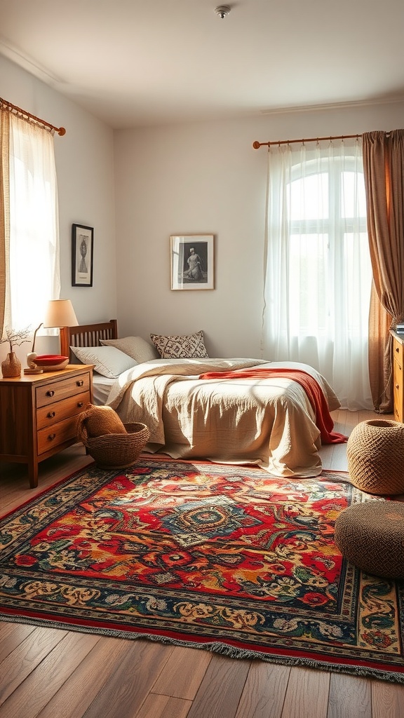 A cozy bedroom featuring a vintage rug, wooden furniture, and soft natural light.