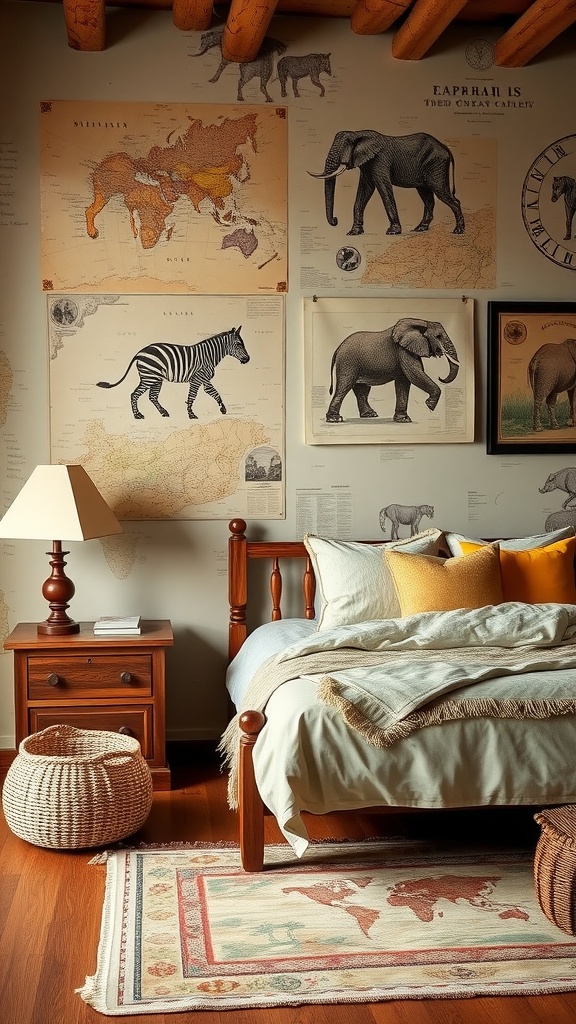 A vintage safari-themed bedroom with maps and animal illustrations on the walls, a wooden bed, and cozy decor.