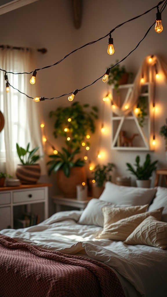 A cozy boho bedroom featuring vintage string lights hanging above a bed, surrounded by plants and soft decor.