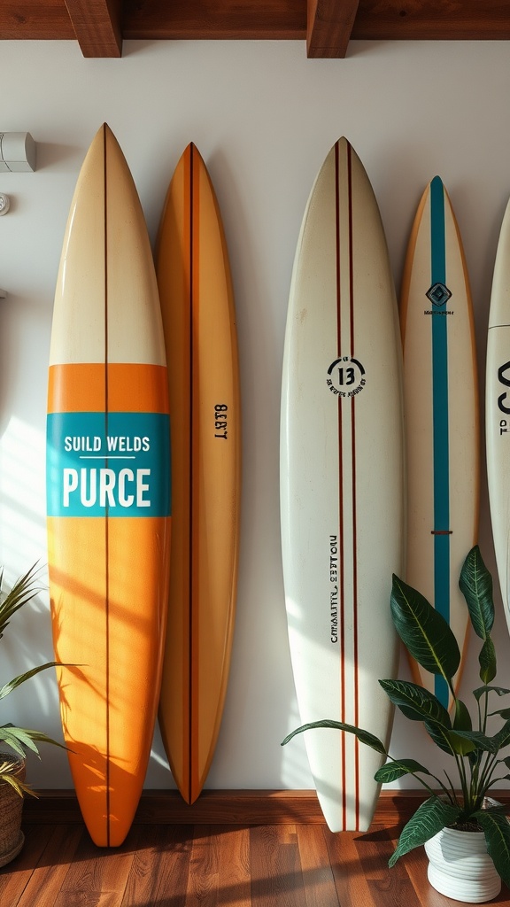 A wall with several vintage surfboards in vibrant colors, adding a beach vibe to a room.