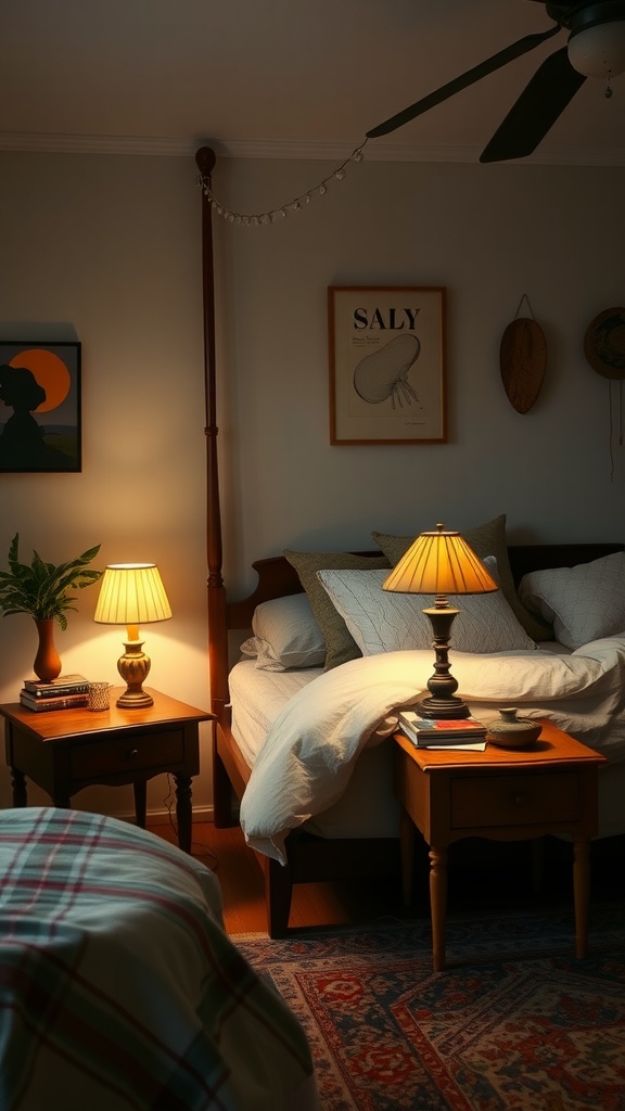 A cozy boho bedroom featuring vintage table lamps on bedside tables, soft bedding, and warm lighting.