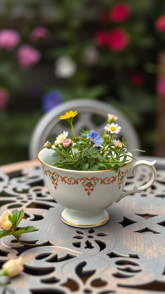 A vintage tea cup planter filled with colorful flowers on a decorative table.