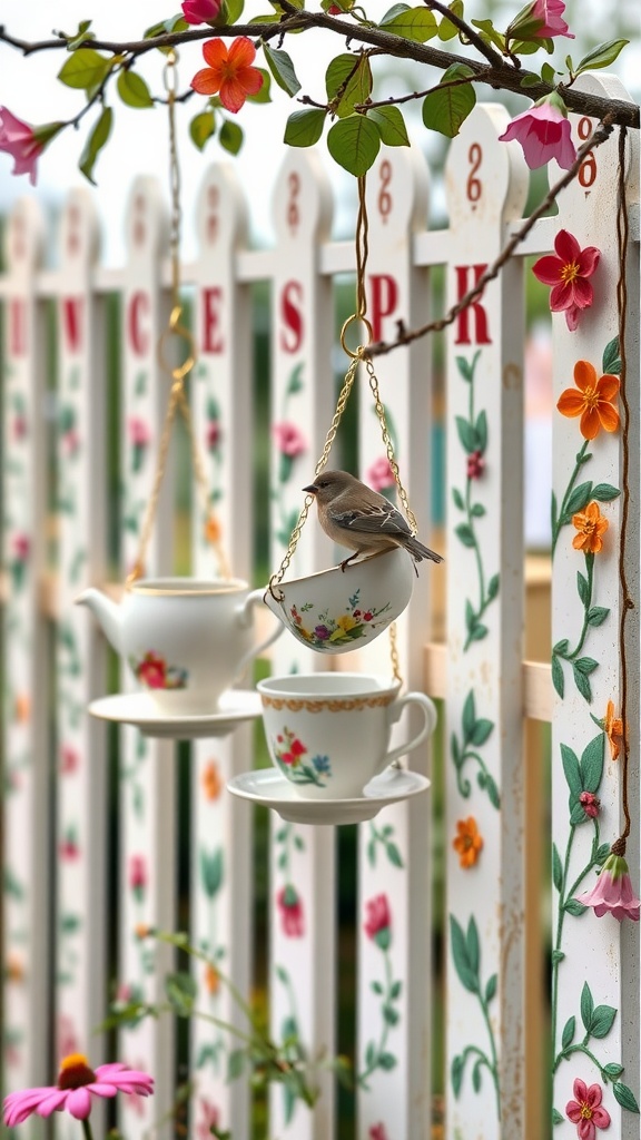 A colorful garden scene featuring vintage teacup birdfeeders hanging from a decorative fence with flowers.