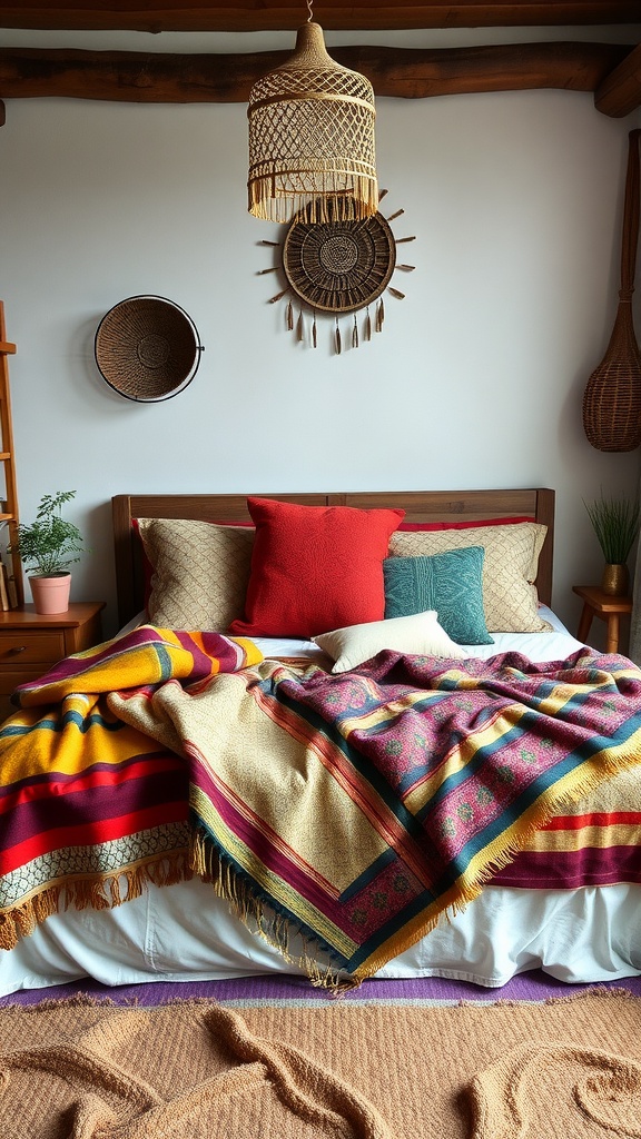 A cozy bedroom featuring vintage textiles and throws on the bed, with vibrant colors and woven decor elements.