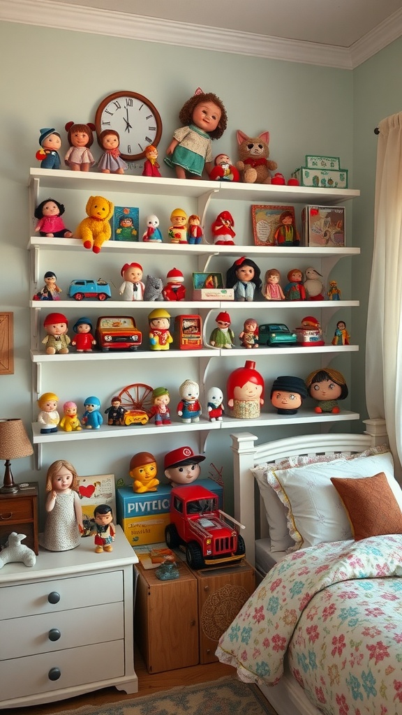 Vintage toy collection displayed on shelves in a girl's bedroom