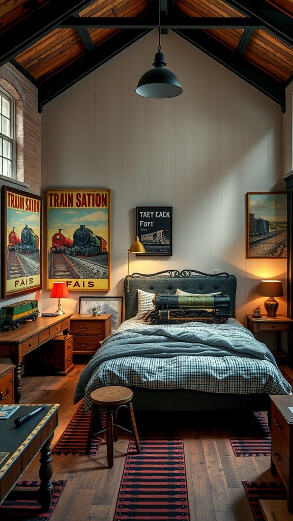 Boys bedroom designed with a vintage train station theme featuring train posters, wooden furniture, and a plaid bedspread.