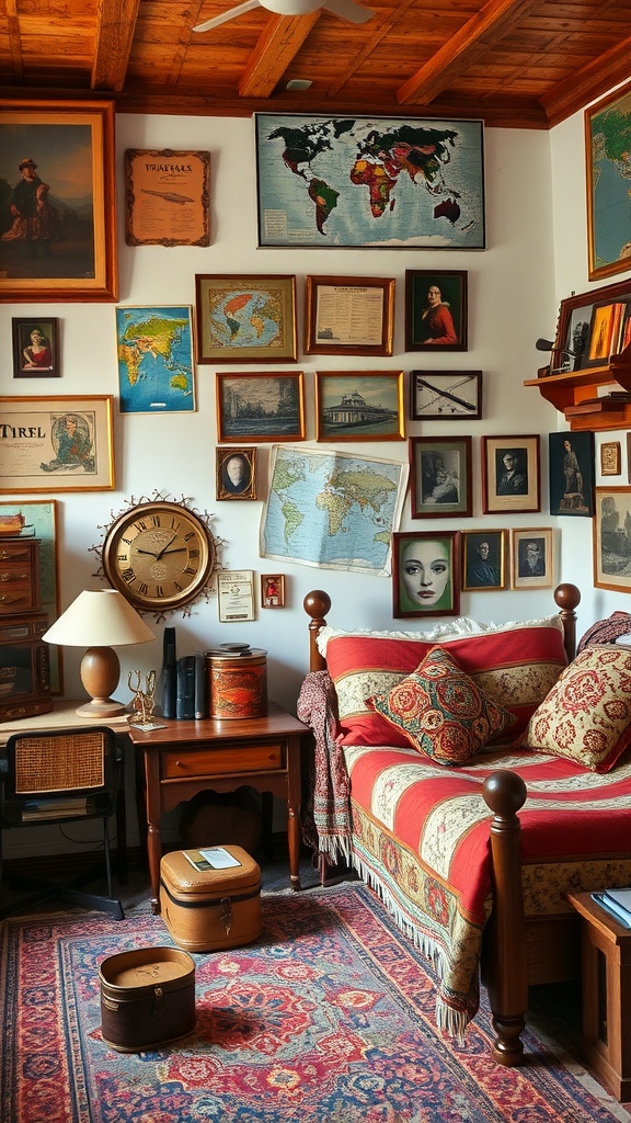 A cozy bedroom featuring vintage travel accents with maps, framed photos, and warm decor.