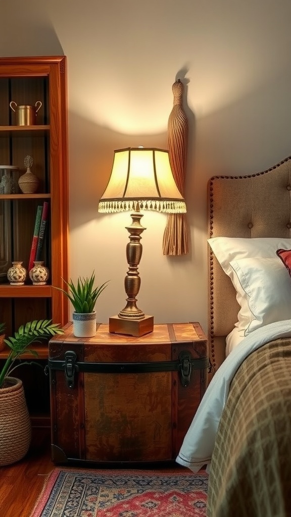 A vintage trunk used as a nightstand with a lamp beside a bed, creating a cozy boho ambiance.