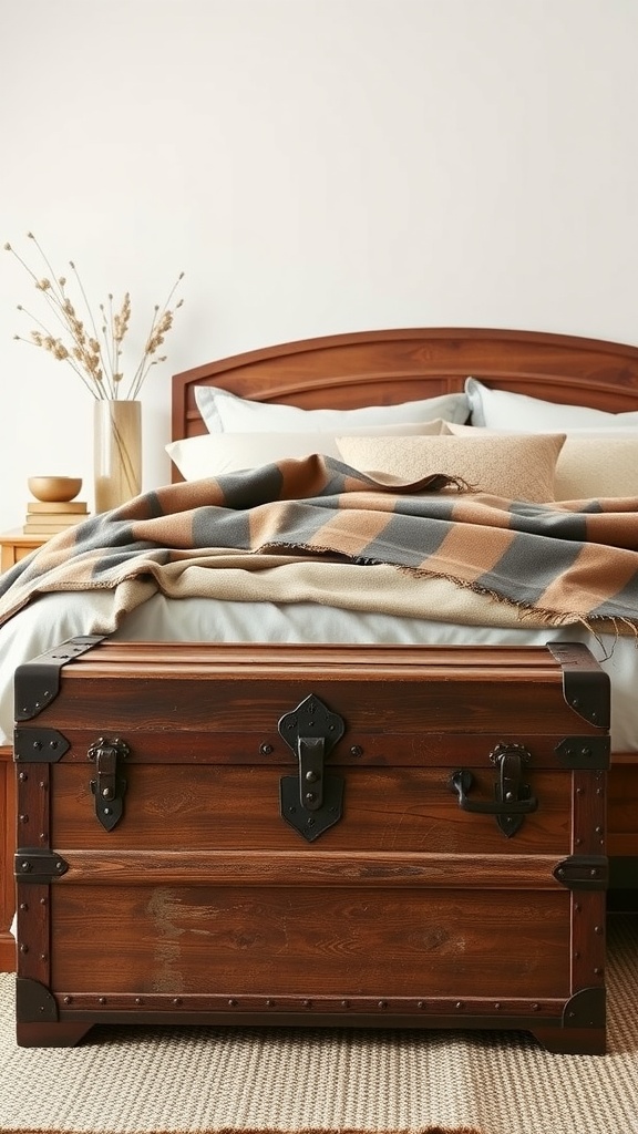 A vintage wooden trunk at the foot of a bed with a cozy blanket on top in a farmhouse bedroom