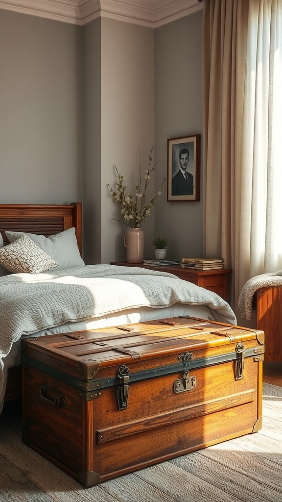 A vintage wooden trunk used for storage at the foot of a bed in a feminine bedroom