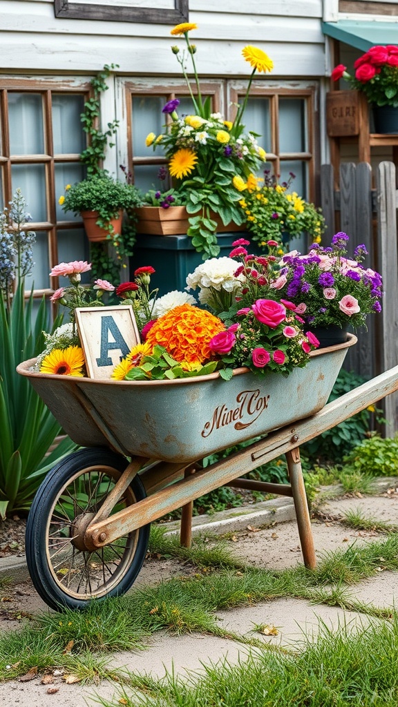 A vintage wheelbarrow filled with colorful flowers in a farmhouse garden setting.