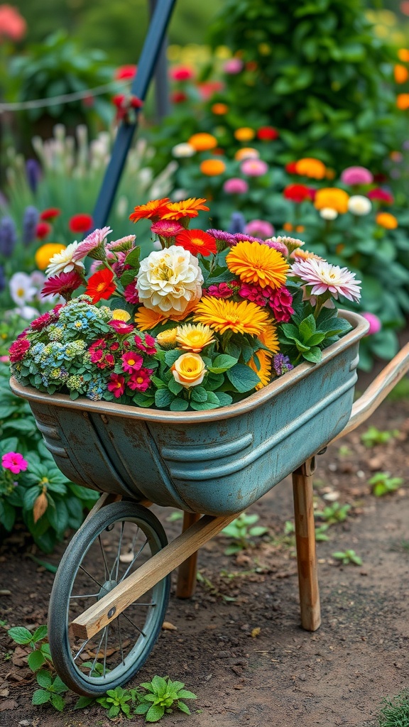 A vintage blue wheelbarrow filled with colorful flowers in a garden setting