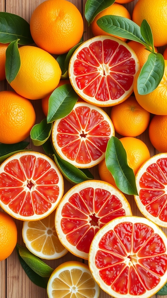 A colorful assortment of citrus fruits, including oranges and grapefruits, displayed on a wooden surface.