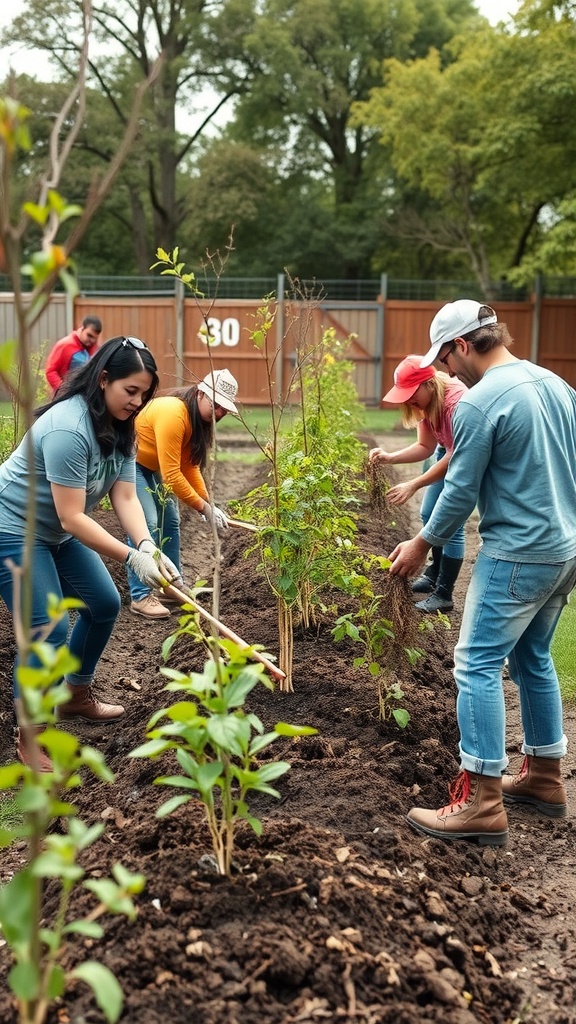 A group of people volunteering to plant trees in a community garden.