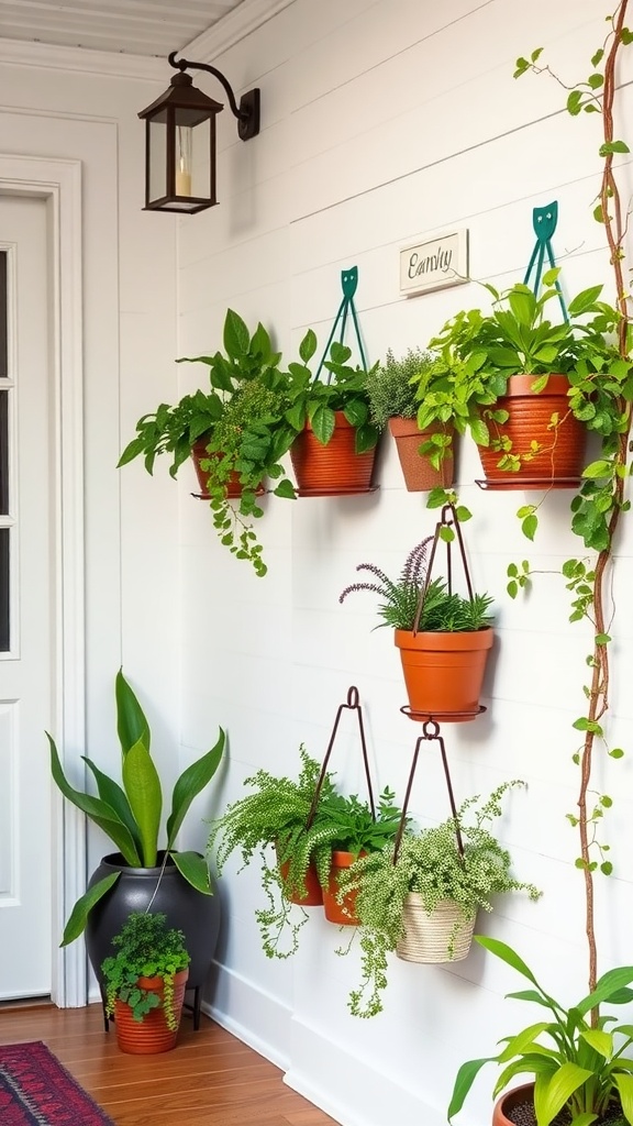 Wall-mounted planters with various green plants arranged on a white wall, complemented by a stylish lantern and decorative sign.