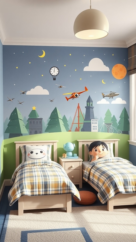 A twin boys bedroom featuring playful wall decals of clouds, stars, and airplanes.