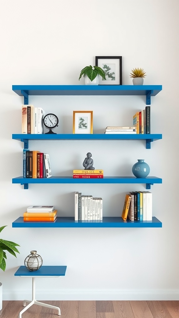 Wall mounted blue shelves displaying books, decorative items, and plants.