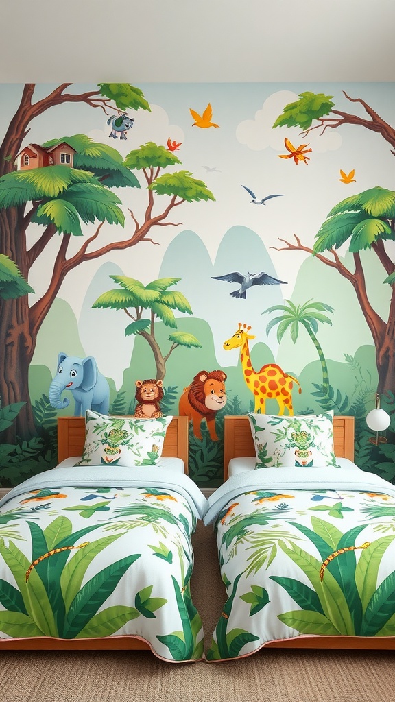 A vibrant jungle-themed mural in a twin boys bedroom with animal characters and leafy bedding.
