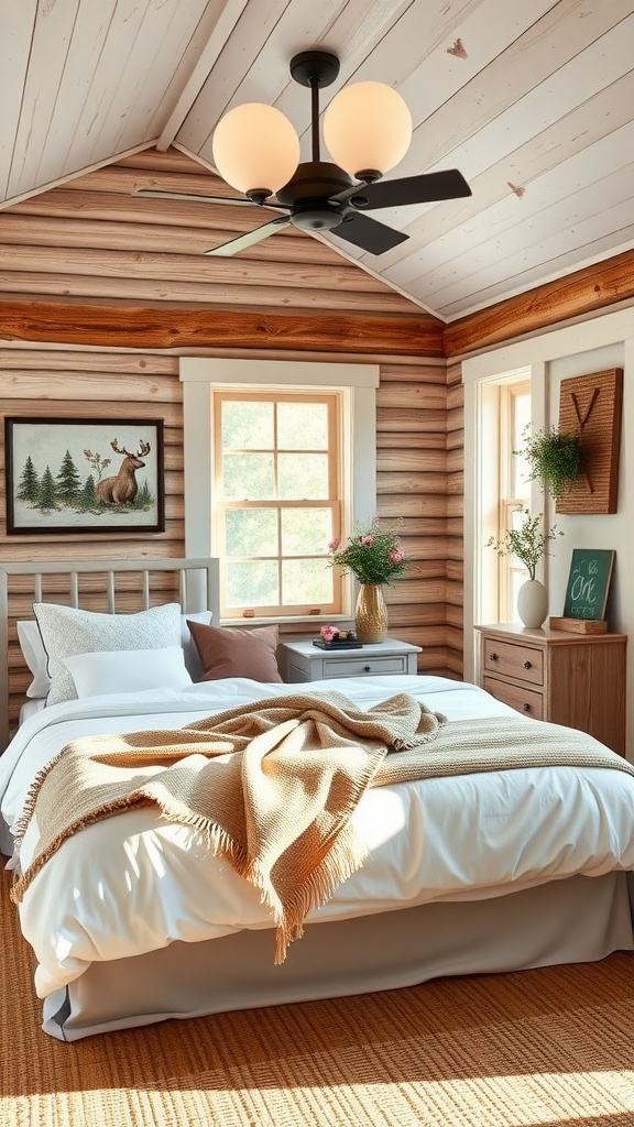 Cozy farmhouse chic bedroom with wood walls, a white bed, and natural light