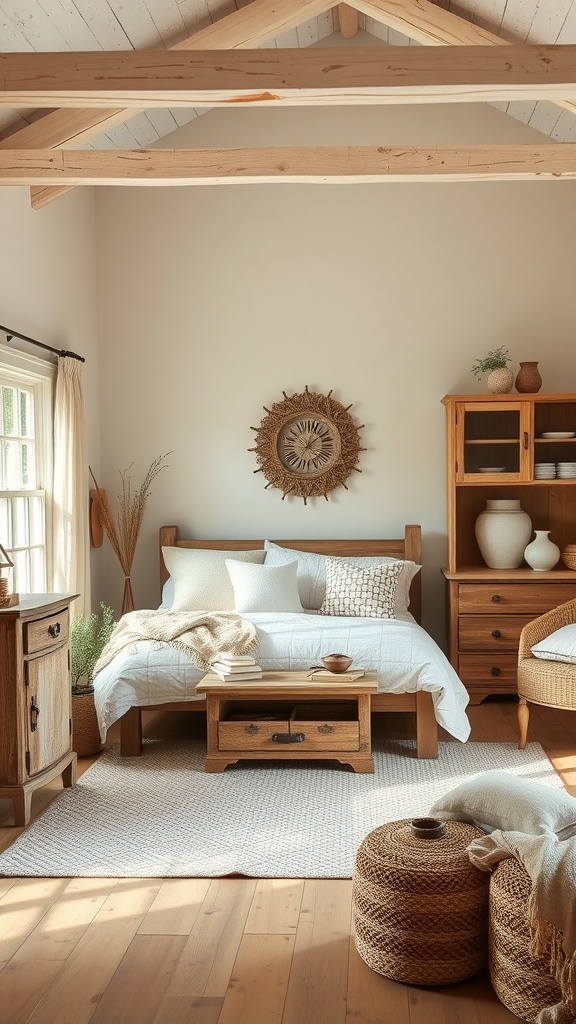 A cozy farmhouse bedroom featuring warm beige walls, wooden furniture, and natural textiles.