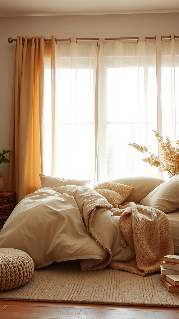Cozy bedroom with warm beige textures and soft lighting, featuring plush bedding, knitted throws, and natural light.