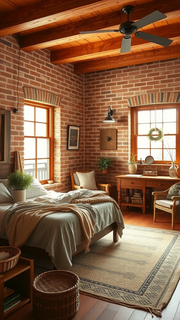 Cozy farmhouse bedroom with warm brick red walls, wooden beams, and natural decor
