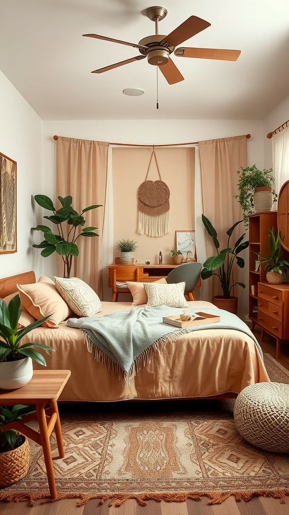 A cozy boho mid-century modern bedroom featuring warm earth tones, plants, and natural textures.