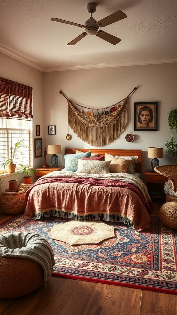 A cozy boho eclectic bedroom featuring warm earth tones, textiles, and plants.