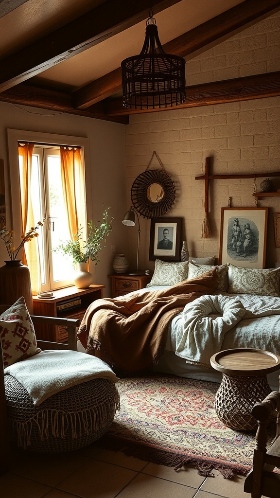 Cozy boho style bedroom with warm earth tones, layered textiles, and natural light.