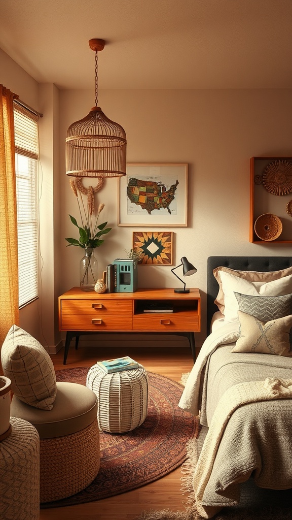 A cozy mid-century modern bedroom with warm earthy tones, featuring a wooden dresser, plants, and soft textiles.