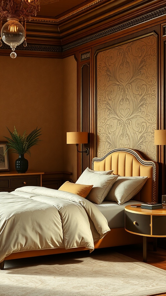 A luxurious farmhouse bedroom featuring warm gold paint, rich wooden accents, and elegant decor.