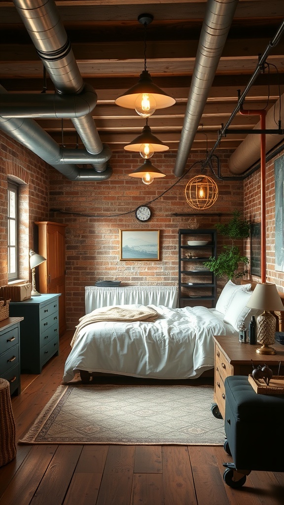 A cozy farmhouse basement bedroom featuring exposed brick walls, industrial light fixtures, and vintage furniture.
