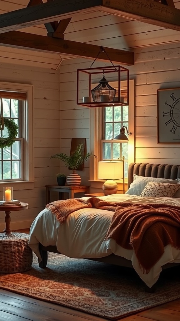 Cozy modern farmhouse bedroom with warm lighting, featuring a bed with an orange throw, a woven basket, and a glowing lamp.