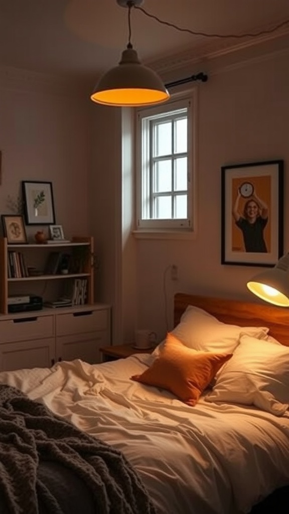 A cozy farmhouse bedroom with warm lighting and a wooden bed.