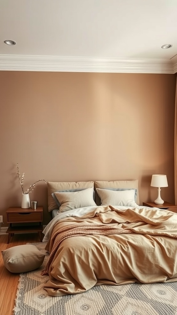 A cozy bedroom featuring a warm taupe painted accent wall with soft bedding and wooden furniture.