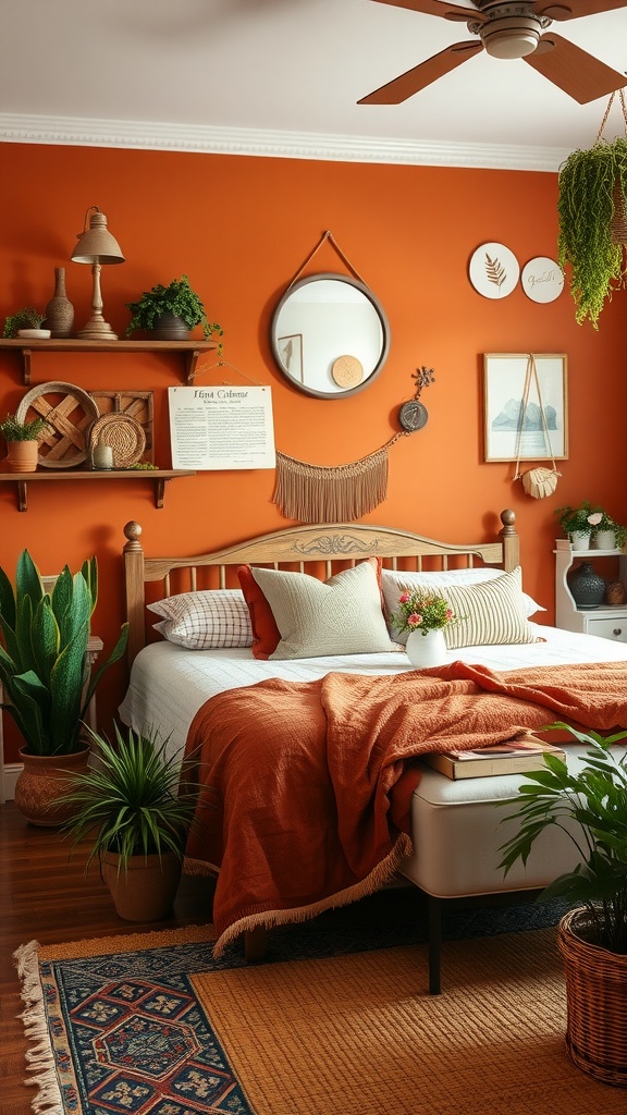 A cozy bedroom featuring a warm terracotta accent wall, wooden furniture, plants, and soft textiles.