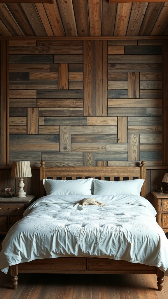 A cozy bedroom featuring a weathered barnwood accent wall behind a wooden bed frame with a light comforter.