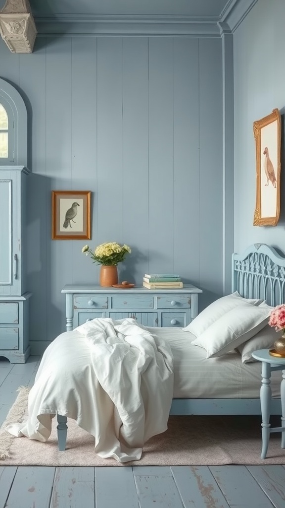 A cozy farmhouse bedroom featuring weathered blue walls, vintage furniture, and soft bedding.