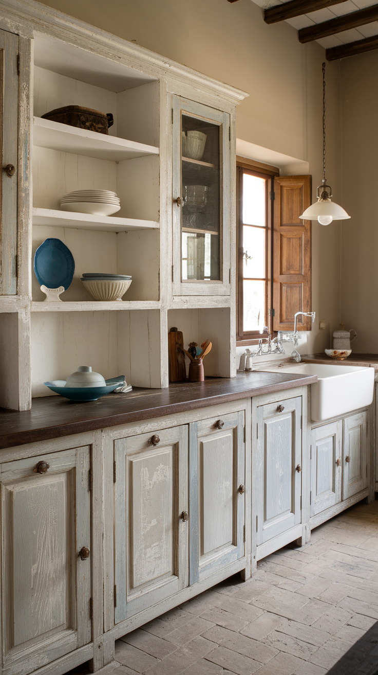 A rustic kitchen with weathered wood finishes, featuring a wooden cabinet and a farmhouse sink.