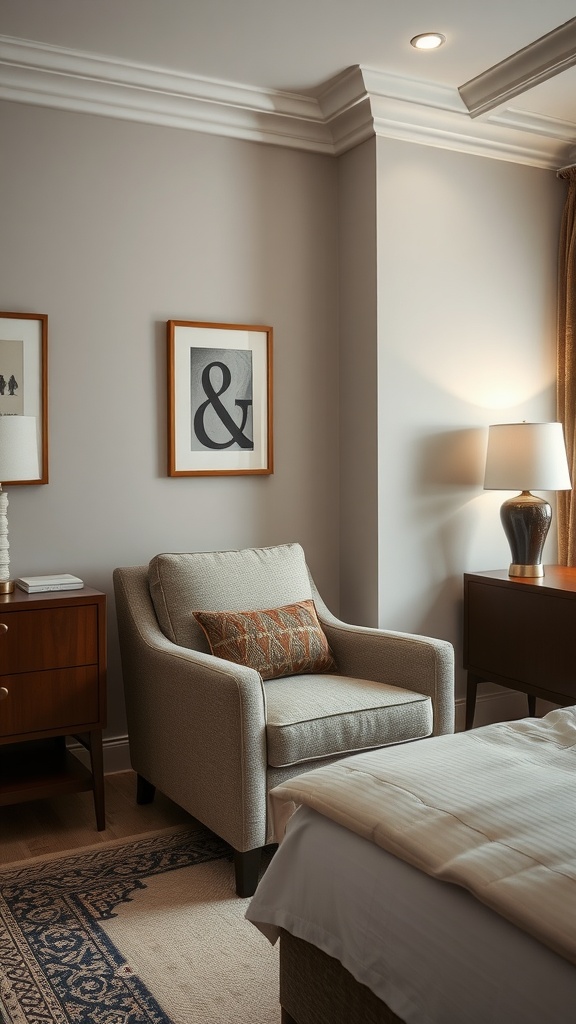 A cozy accent chair in a small farmhouse bedroom, positioned near a lamp and artwork.
