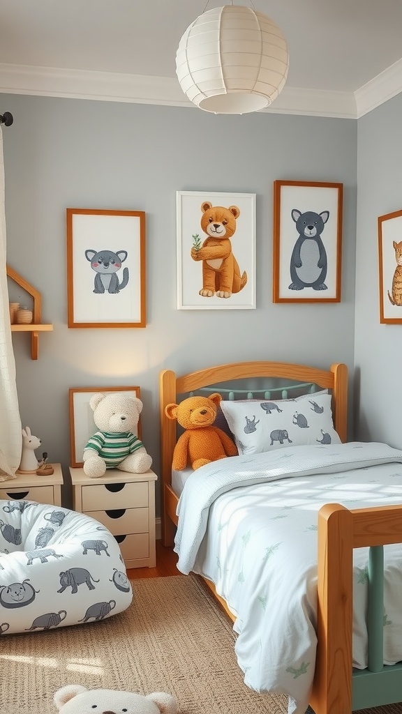 A cozy boy's bedroom decorated with whimsical animal-themed artwork, bedding, and stuffed toys.